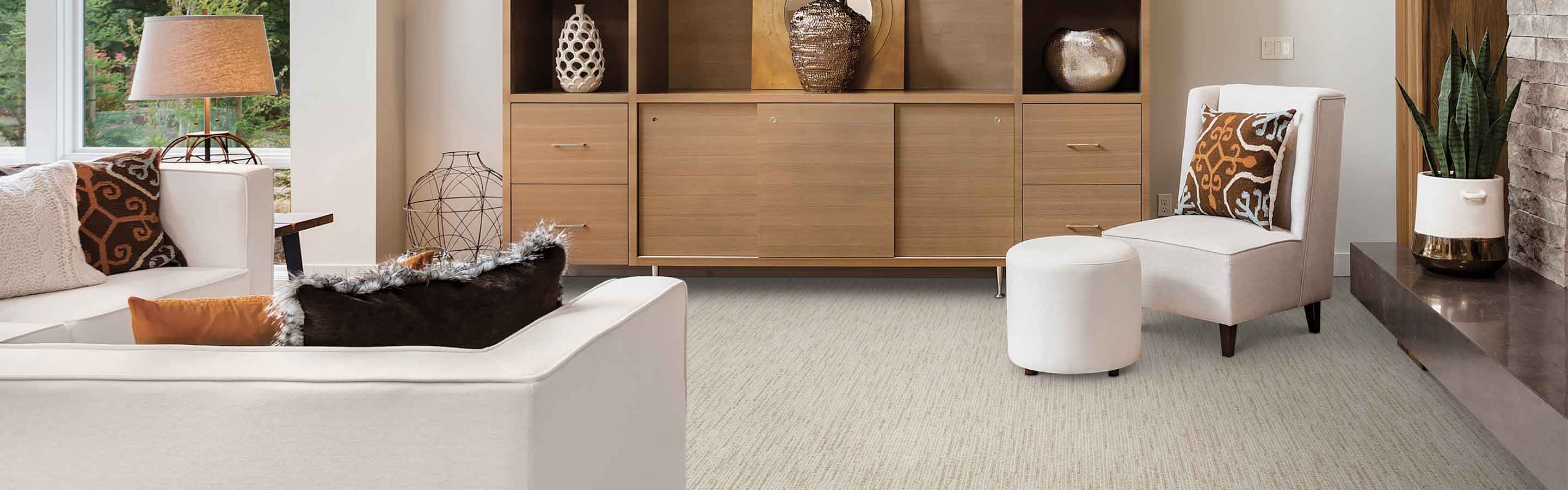 Neutral living room with fireplace and wood built-in, white furniture and beige textured carpet